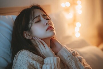 A woman in a sweater lying down with her eyes closed and her hand on her neck in a dimly lit room
