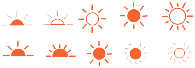 Yellow sun icons set, sunshine and solar glow, sunrise or sunset. Decorative circle full and half suns and sunlight collection. Hot solar energy for tan.