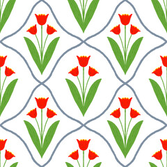 Tender seamless pattern with tulips on white background. Elegant Endless Design ideal for Fabric, Wrapping Paper. spring summer Garden.