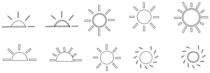Yellow sun icons set, sunshine and solar glow, sunrise or sunset. Decorative circle full and half suns and sunlight collection. Hot solar energy for tan.
