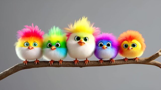  cartoon birds with colorful wild feathers sit on a branch
