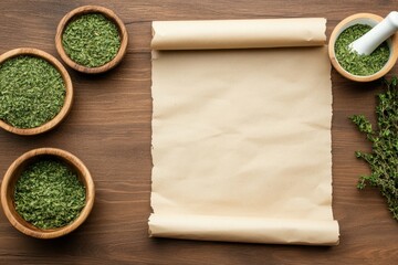 Blank Scroll and Dried Herbs on Wooden Tabletop for Culinary Background.