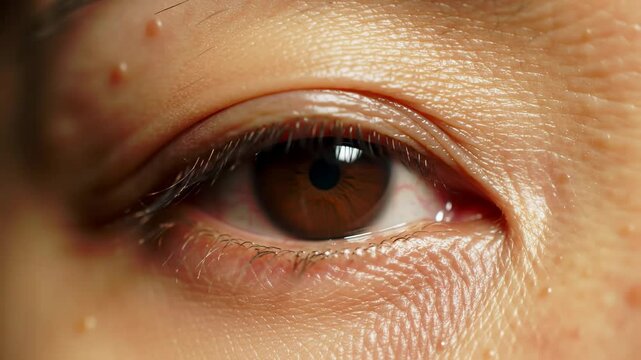 Extreme Close-Up: Human Brown Eye Opening, Revealing Skin Texture and Milia