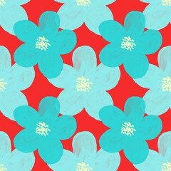 floral seamless pattern with blue pastel flowers red background