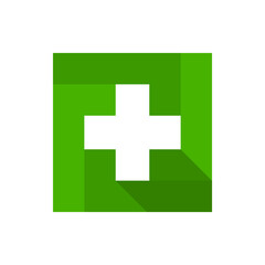 White cross medical on green square icon flat vector design