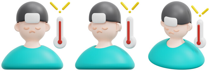 Set of Stylized Avatars with High Fever and Thermometers 3d Render Icon Illustration