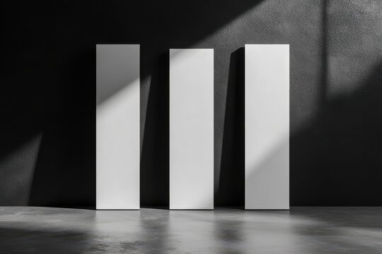 Three tall, blank white panels stand against a dark wall, illuminated by sunlight