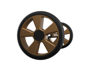 Naklejka premium Wheels and Axle Assembly for a Cart, Toy, or Light Equipment, Set of Wheels on a Rod for a Small Vehicle or Mechanism, Two Black Wheels with Bronze Colored Rims Mounted on a Silver Axle on a PNG