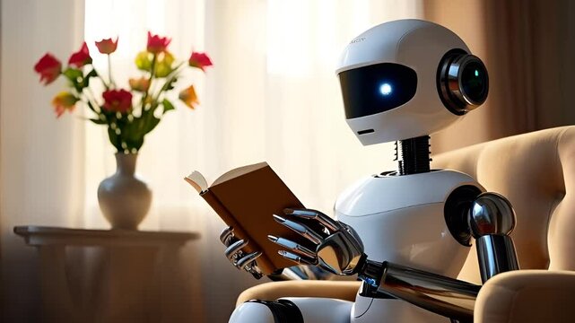  a cute robot sitting on a chair in the living room. It is reading a book, 
