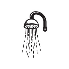 Isolated black shower head releases streams of water in a simple, minimalist style on white