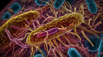 Confocal microscopy capturing Salmonella bacteria during their pathogenic invasion process, showing detailed structure and interactions with host cells.