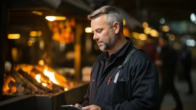 In a vibrant food market, an expert stands focused, checking recipes on a tablet while the aroma of grilled meats fills the air. The lively ambiance enhances his culinary passion and expertise