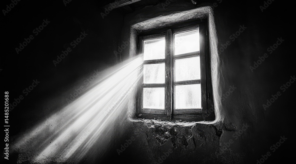 Poster sunlight streams through a rustic window