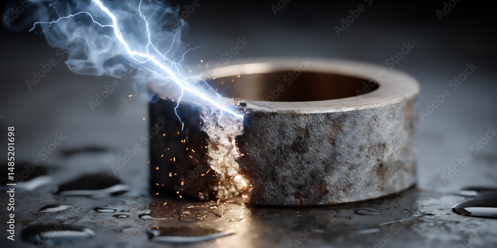 Poster a 3d rendering close-up image of a glowing golden ring placed on a dark, textured surface