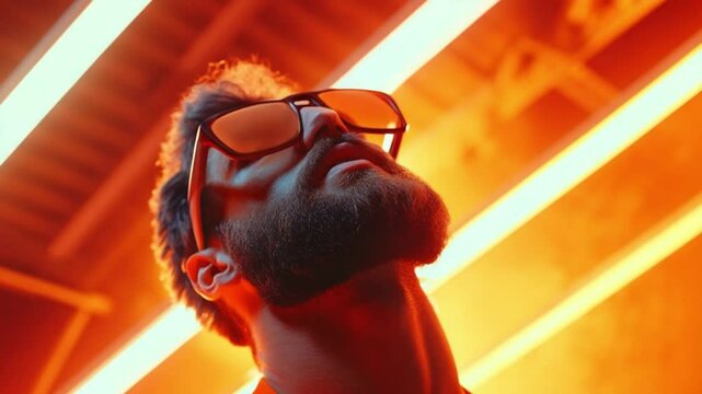 A person showcases their style with bold sunglasses and a striking pose, illuminated by dramatic orange lighting in a lively urban setting, exuding confidence and creativity
