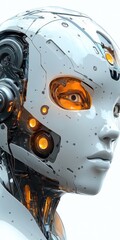 Humanoid Robot Close-up of Face with Glowing Optics on White Background