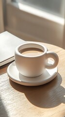 Obraz premium White coffee cup sits gracefully on wooden table near open book during daytime