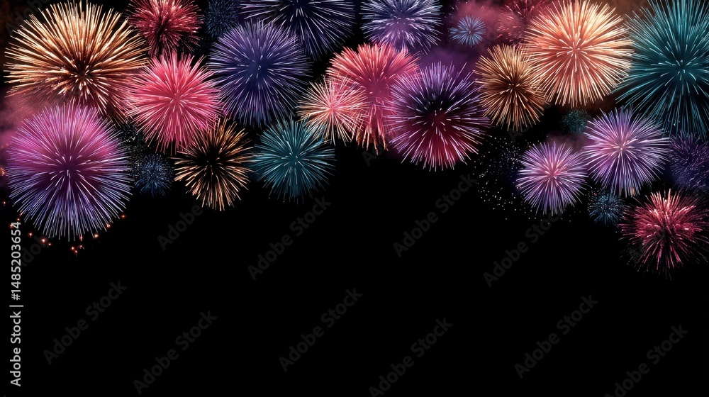 Poster colorful fireworks burst against a dark sky, creating a vibrant display of light and patterns for ce