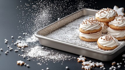 Frosted Christmas Cookies on Baking Sheet with Powdered Sugar
