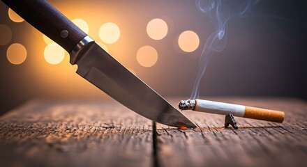 a knife poised mid thrust towards a cigarette delicately balanced on a weathered wooden background, the position is an extreme close up, almost microscopic