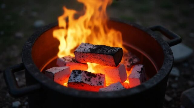 Dangerous Burning Fire Inside a Metal Brazier. Aggressive Grill Cooking Outdoors and Preparing for Barbecue Kebab Grilling. Kindling Coals in the Mangal. Dynamic Shot