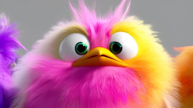 cartoon birds with colorful wild feathers sit on a branch