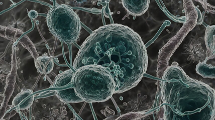 High-resolution TEM image of Pseudomonas aeruginosa highlighting its flagella and pili structures, crucial for motility and attachment in infection processes.