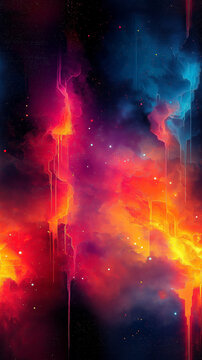 A vivid glitch art composition featuring an abstract explosion of fluid and colorful distortions. Dynamic motion, feeling of futuristic chaos and digital fragmentation. Image format 9:16 