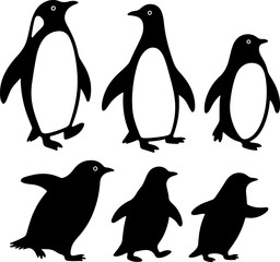 Naklejka premium Cute penguin silhouettes in various poses, perfect for children's books or educational materials.
