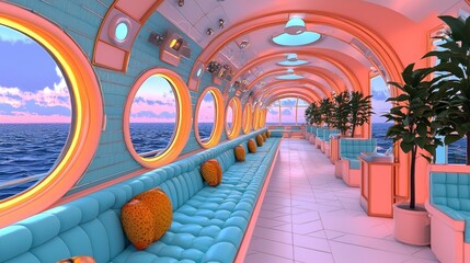 Obraz premium Futuristic Vessel Interior Pink and Teal Ocean View Design