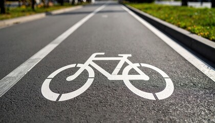 Fototapeta premium white bicycle sign painted on asphalt road, city cycling concept