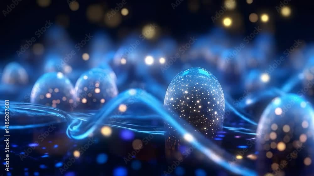Poster abstract futuristic digital visualization in blue with glowing spheres and dynamic flow