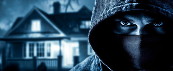 Mysterious figure in dark clothing near an eerie house