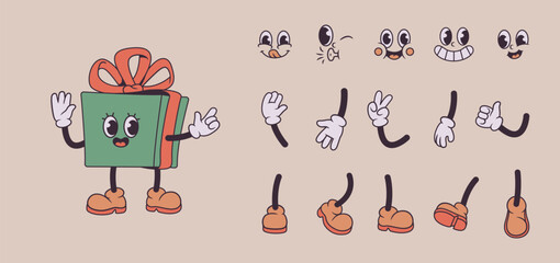 Cartoon gift box character with faces and limbs