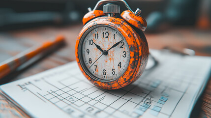An orange alarm clock sits on a piece of paper with a grid on it. The clock is set to the time of 10:30 Tax deduction planning concept