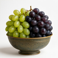 Fresh green and purple grapes in a stylish bowl with white background 