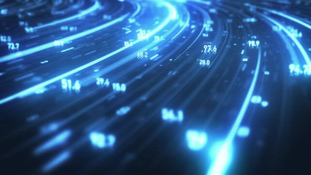 Big Data Digital Hitech Background/ Animation of an abstract wallpaper big data business digital technology background including connected lines and running numbers with camera lens blur