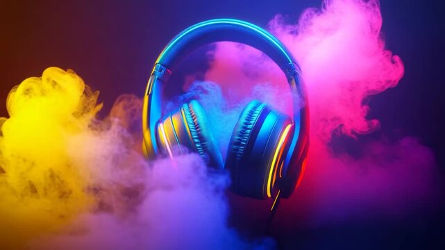 V&iacute;deo de fones de ouvido com luzes neon e fuma&ccedil;a colorida &ndash; conceito moderno de m&uacute;sica e estilo

