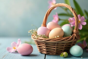 Pastel-hued eggs in a woven basket, spring flowers nearby, holiday, dye, holiday decor