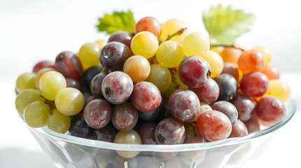 "Vibrant Green and Purple Grapes in a Stylish Bowl on White Background – A Fresh, High-Quality Natural Light Capture