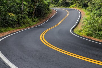 Fototapeta premium Winding asphalt road through lush forest