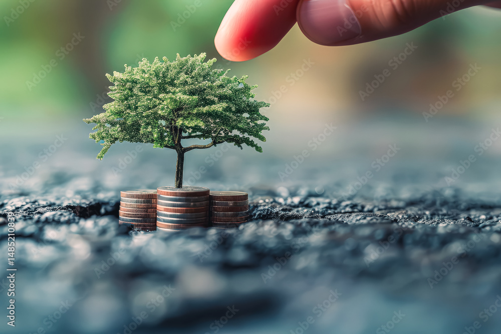 Poster hand is placing coins on top of a tree. the coins are arranged in a way that they look like they are