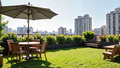 Obraz premium Modern rooftop garden with wooden furniture and city skyline 