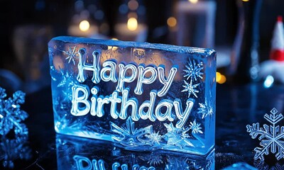 Ice sculpture with glowing blue “Happy Birthday” letters surrounded by festive lights on a dark background. Concept of winter party celebration - Powered by Adobe