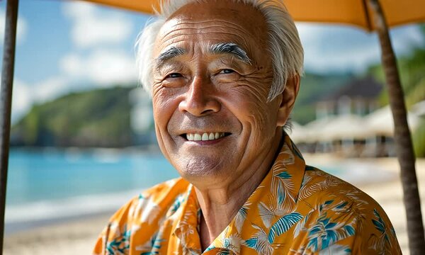 Smiling elderly asian man in colorful shirt standing outdoors on a sunny day near the ocean. Concept of happy retirement