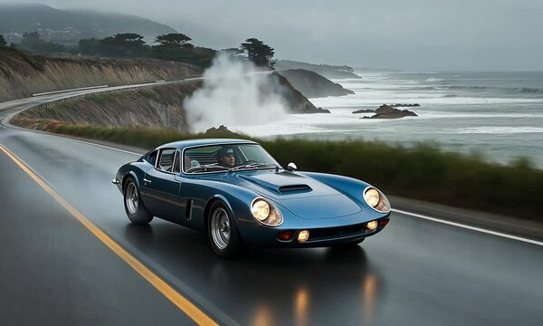 Vintage blue sports car driving along a coastal road with ocean waves and rocks in the background. Concept of freedom and luxury lifestyle
