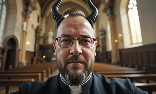 Mature bald man with glasses and devil horns smiling slightly while standing inside a church with wooden pews and warm lighting. Concept of irony and religious contrast