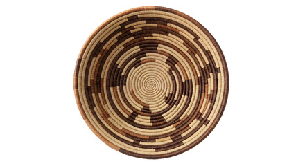 Round woven basket with spiral tribal design, natural fibers in earth tones, isolated for png use