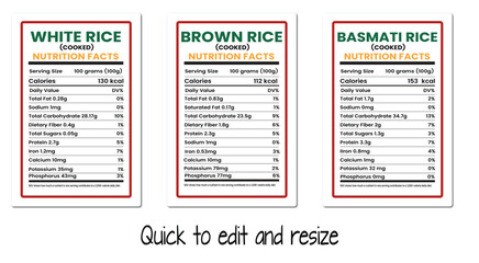 Editable Nutrition Facts Label for White, Brown and Basmati Rice Vector