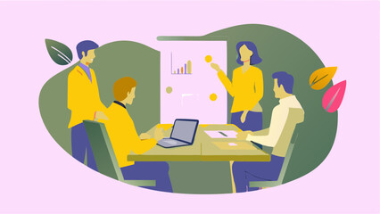 Illustration of a business meeting with people around a table and a presentation on a whiteboard style graph